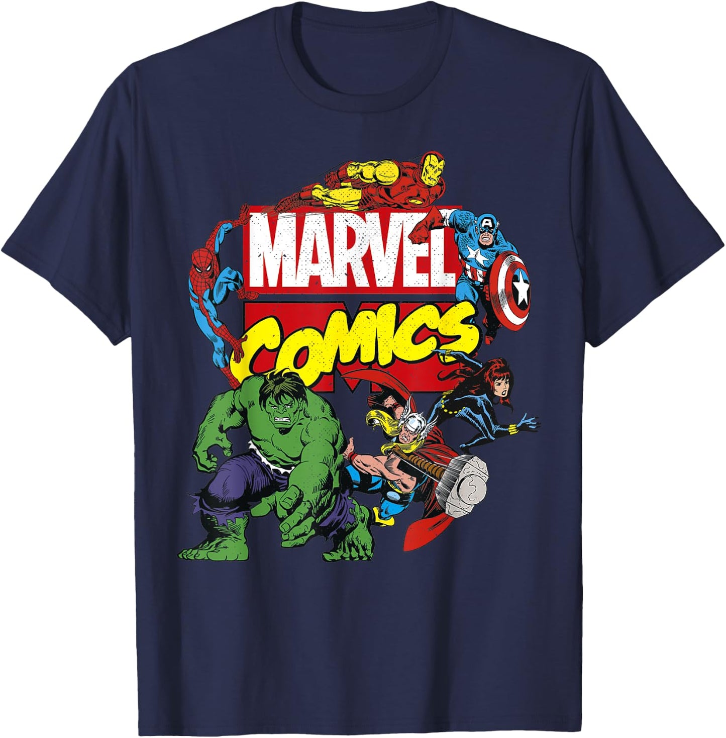 Marvel Comics Avengers Group Shot Around Logo Poster T-Shirt - T-Shirt | Navy