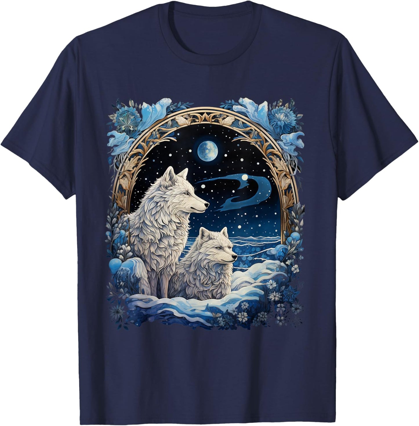 Winter Wolves Peaceful Snowscape Portrait Art Noveau T-Shirt - T-Shirt | Navy