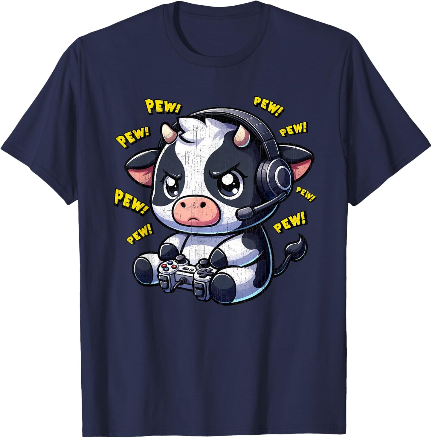 Cow Gamer Pew Funny Video Games Vintage Boys Men Girls T-Shirt - T-Shirt | Navy