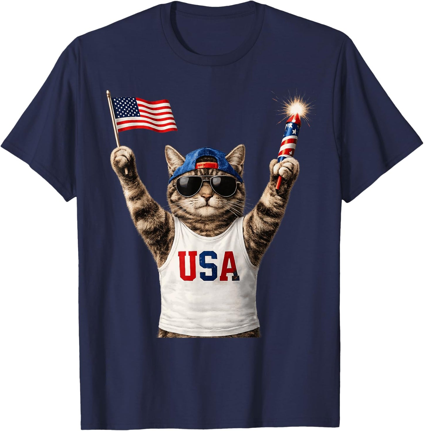 Funny Patriotic Cat USA Flag Fireworks America 250 T-Shirt - T-Shirt | Navy