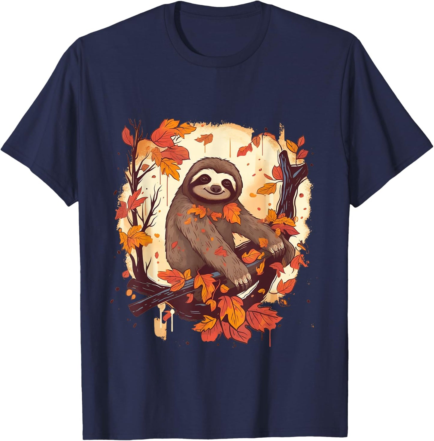 Sloth Fall Leaves Thanksgiving Day Animal Men Women Kids T-Shirt - T-Shirt | Navy