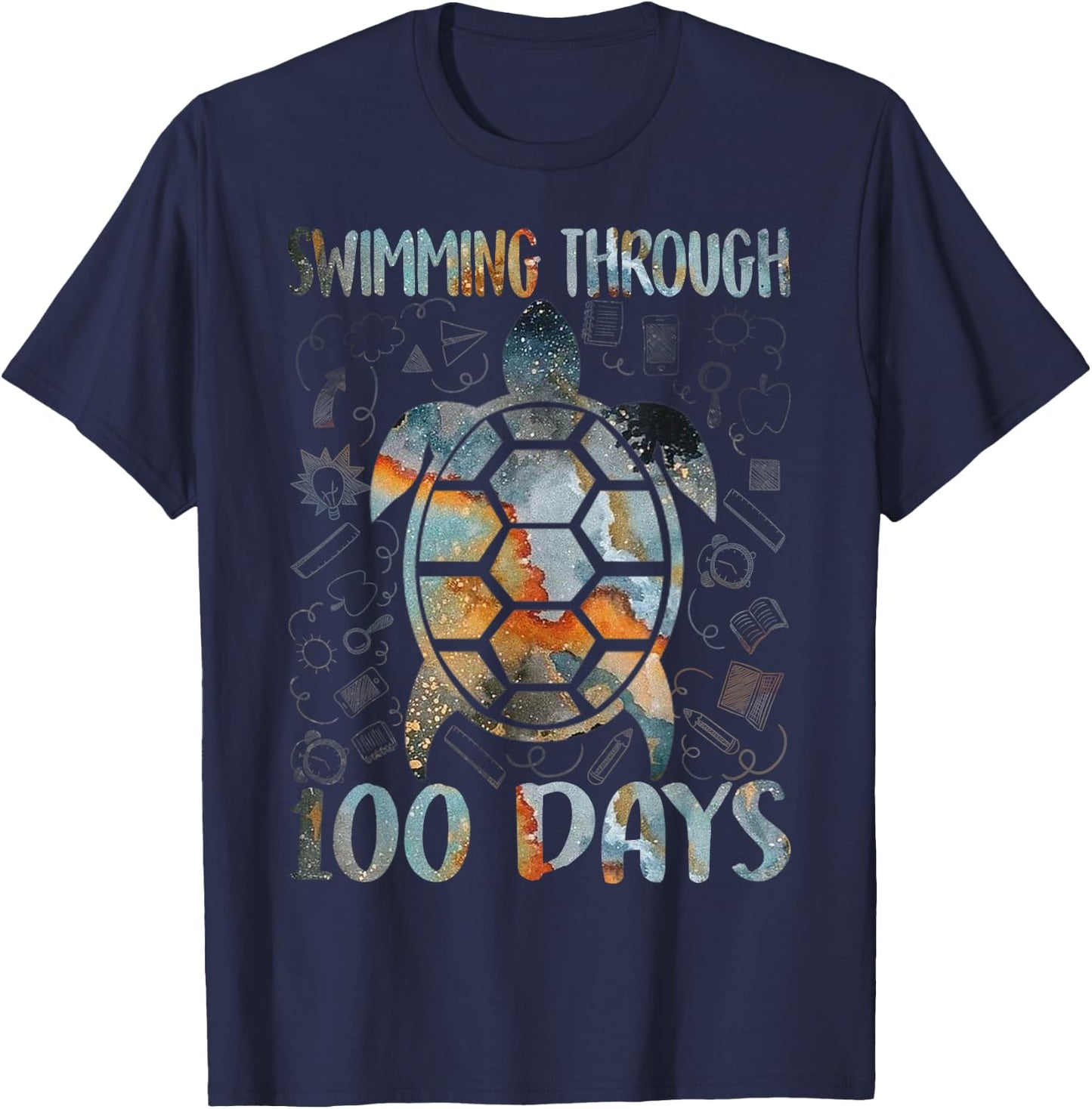 Turtle Sea Swimming Through 100 Days Of School Teacher Men Women Kids T-Shirt - T-Shirt | Navy