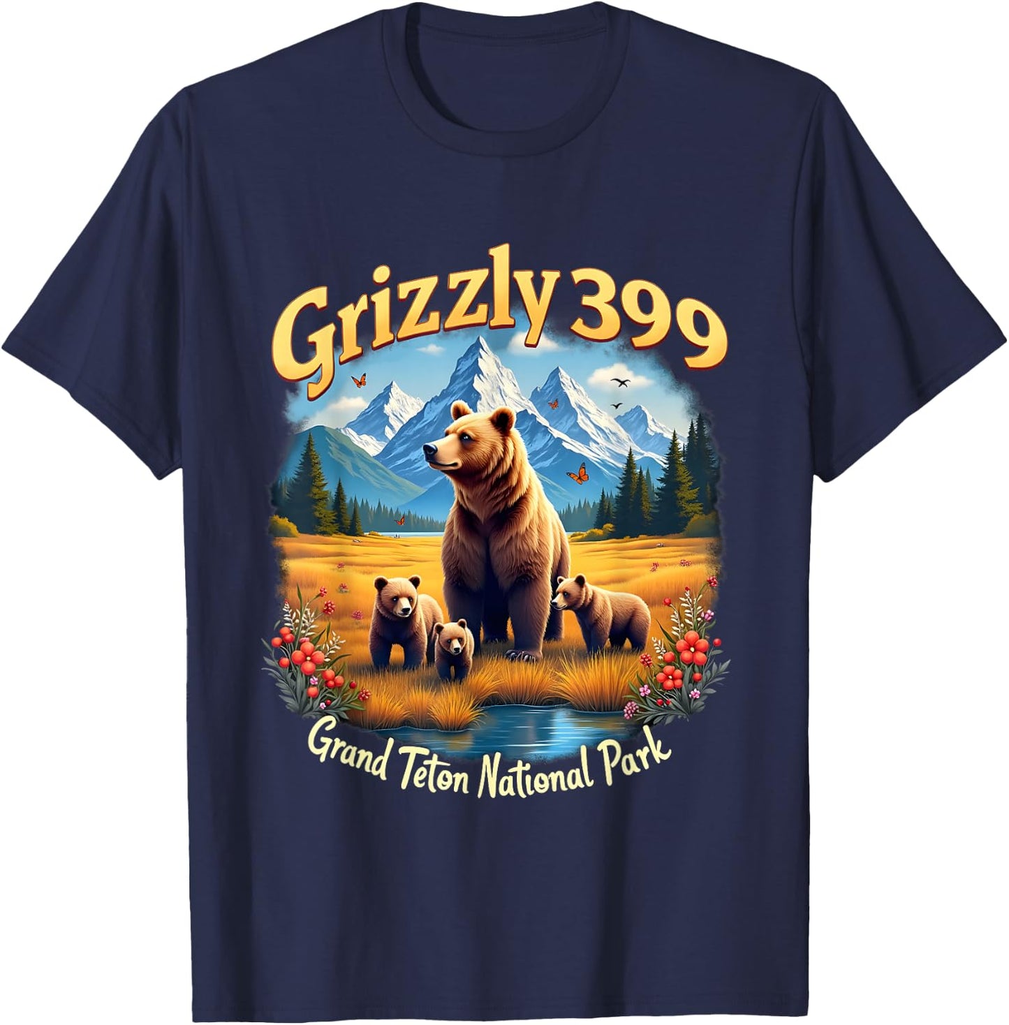 Retro Bear Grizzly 399 Wild & Free Grand Teton National Park T-Shirt - T-Shirt | Navy