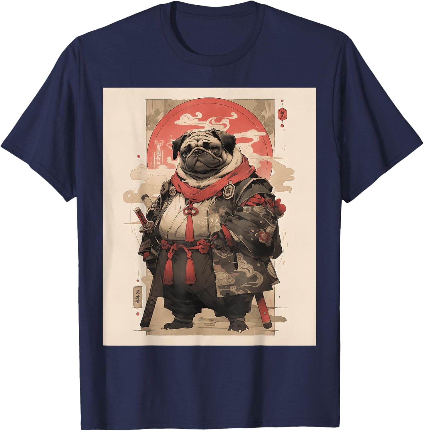 Samurai Pug Dog Japanese Pet Lover Warriors Art Aesthetic Men Women Girls Kids T-Shirt - T-Shirt | Navy