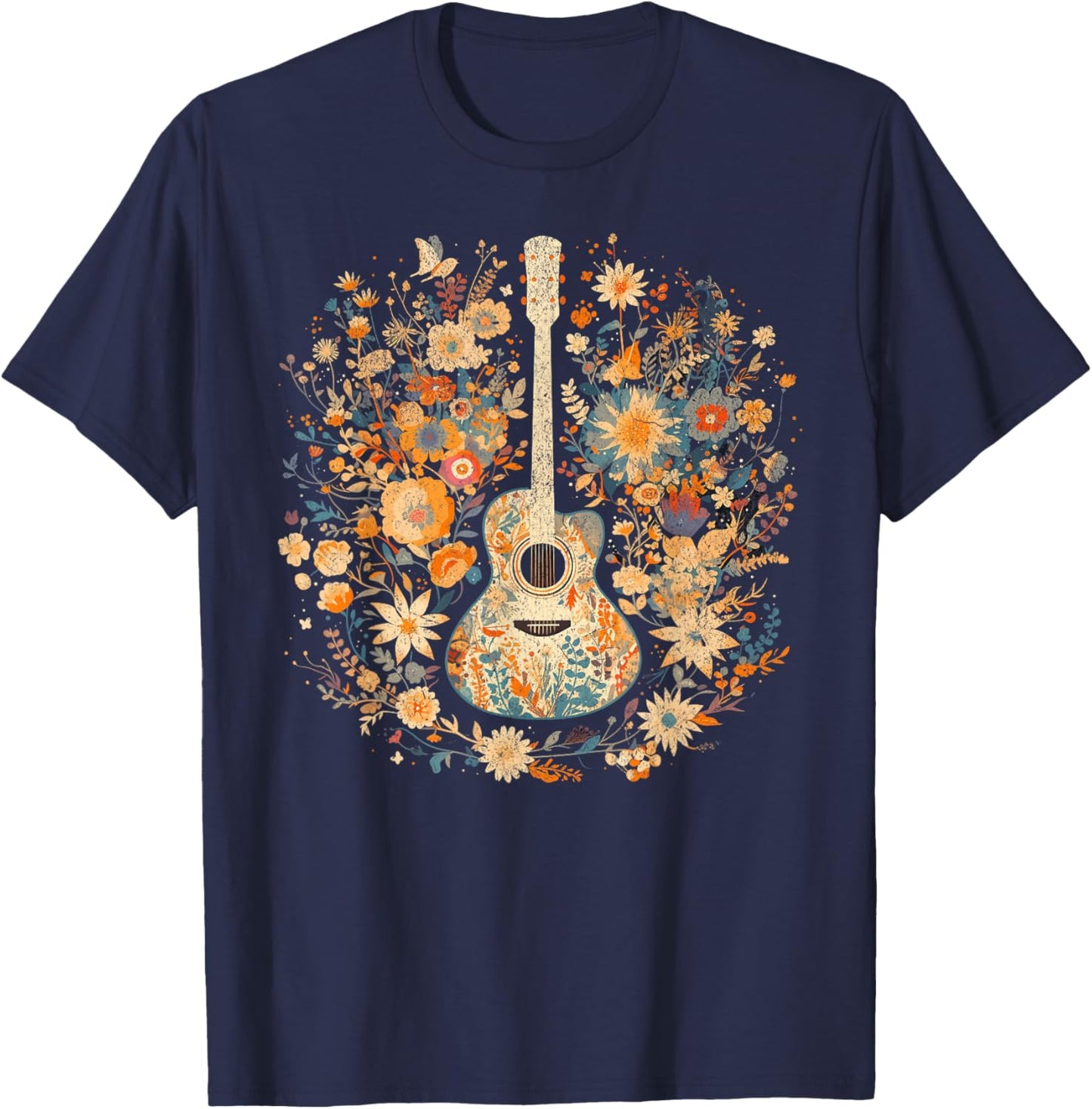 Acoustic Guitar American Folk Music Flowers Nature Country , Black, S T-Shirt - T-Shirt | Navy