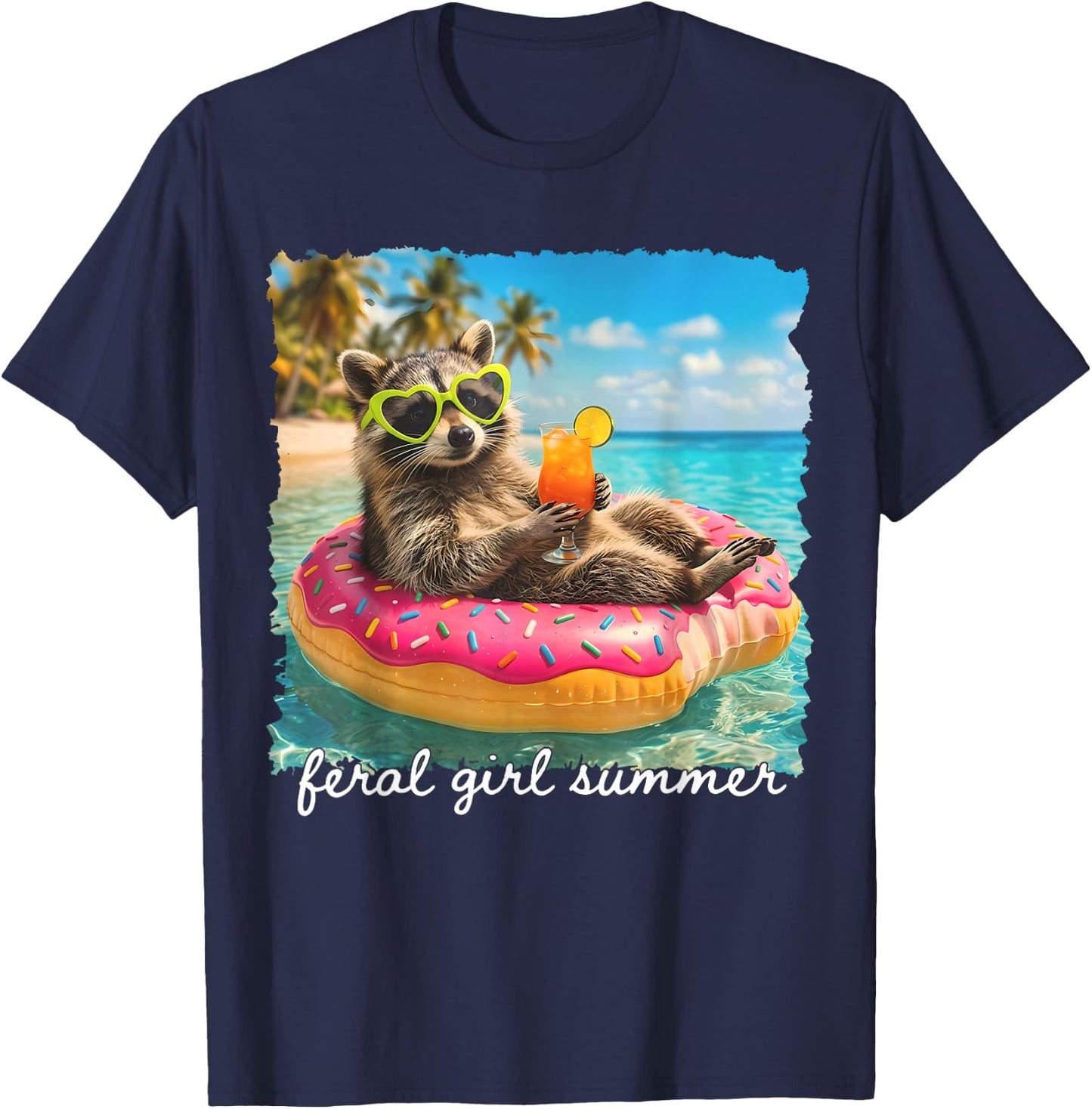 Funny Raccoon Feral Girl Summer Tropical Beach Vacation Trip T-Shirt - T-Shirt | Navy