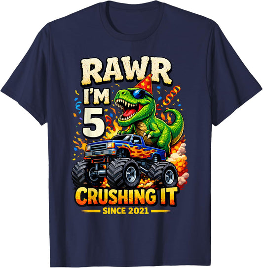 5th Birthday Monster Truck Dinosaur 5 Years Old Birthday Boy T-Shirt - T-Shirt | Navy
