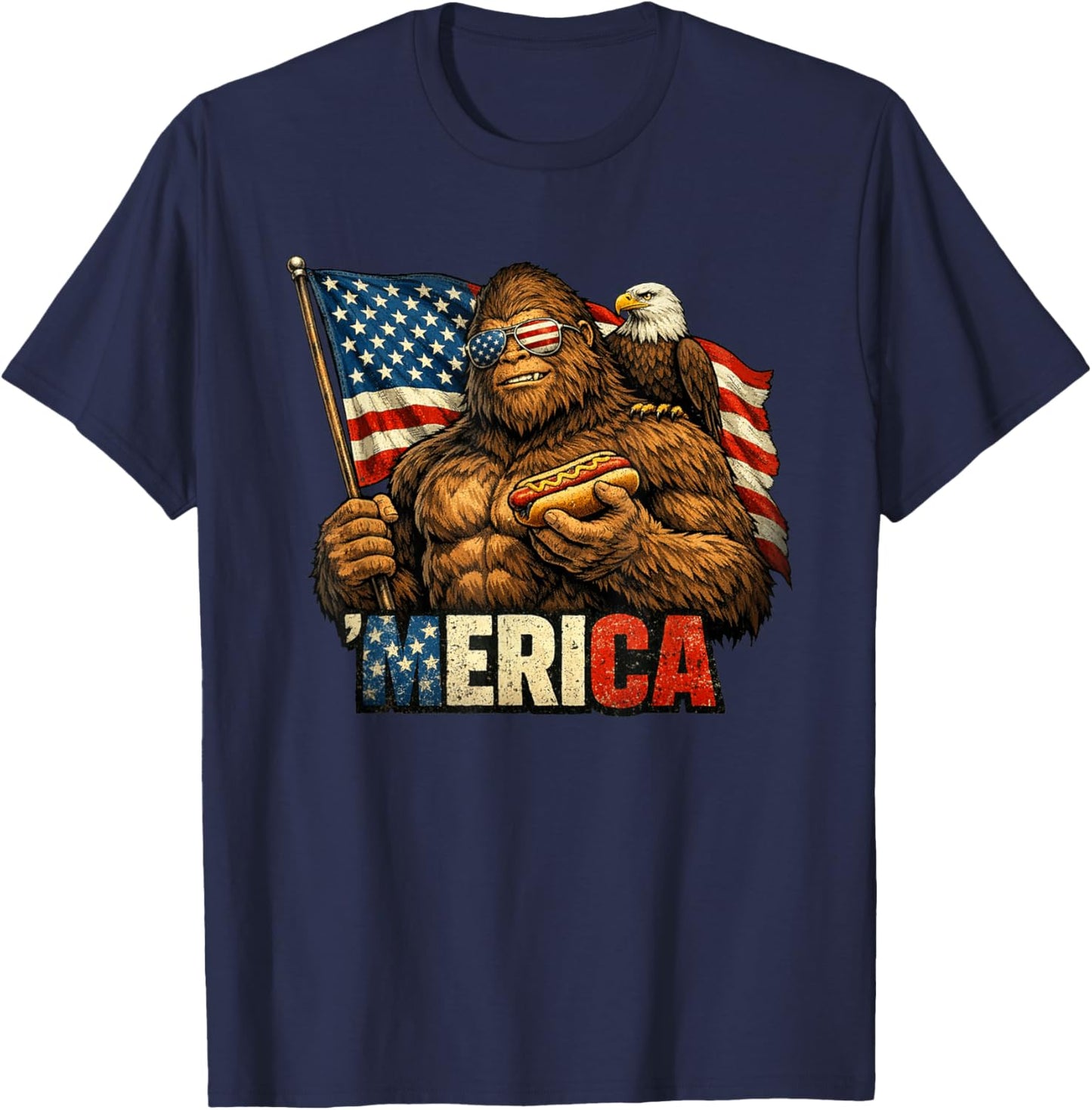 Funny Bigfoot Patriotic 4th of July American Flag T-Shirt - T-Shirt | Navy