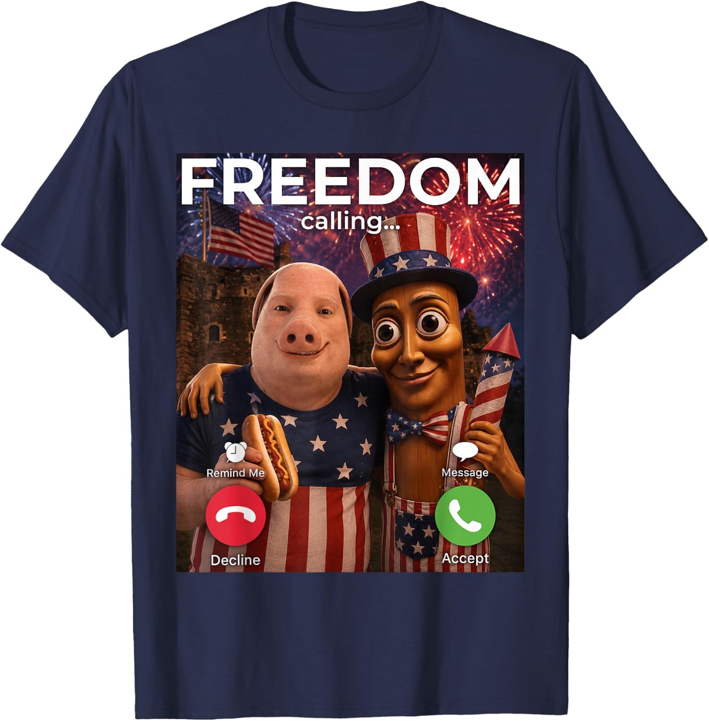 John Pork Tung Sahur Freedom Calling Meme Fireworks July 4th T-Shirt - T-Shirt | Navy