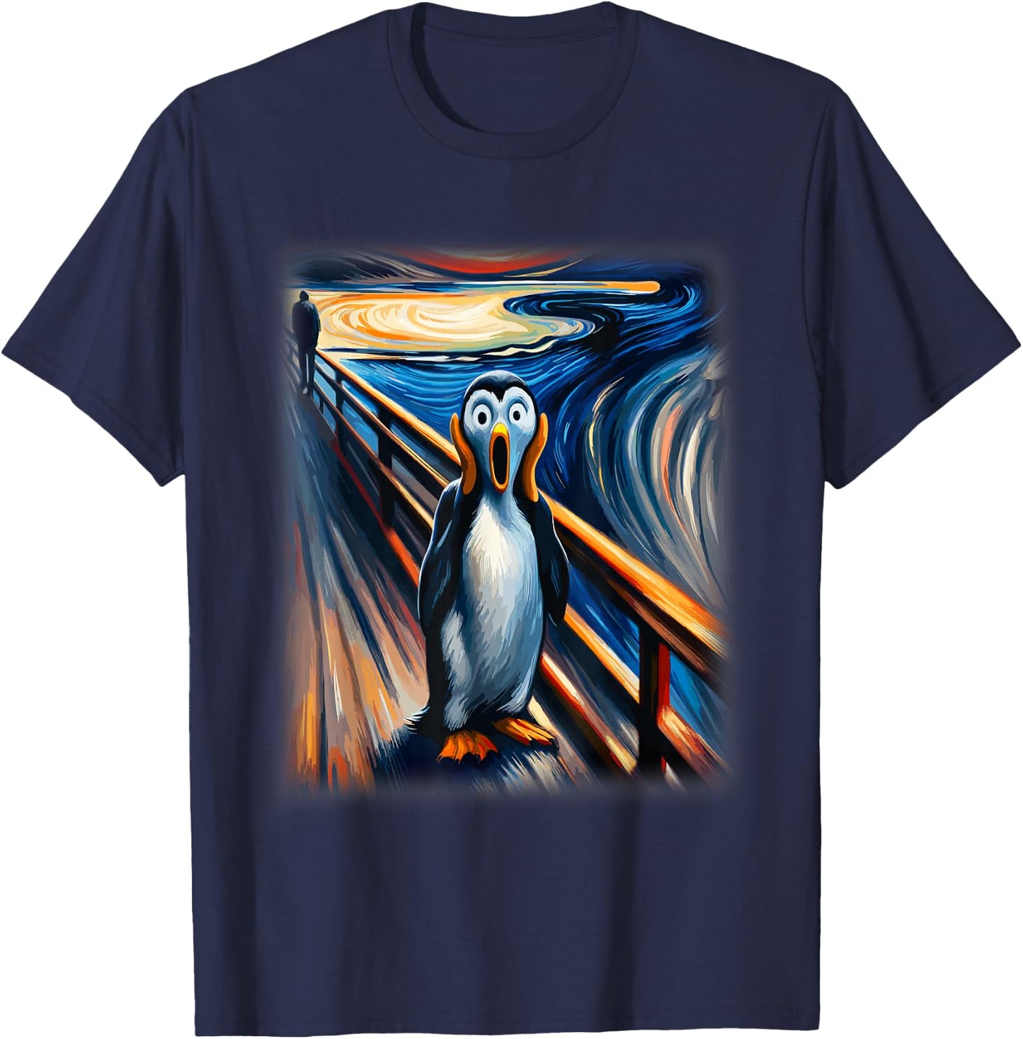 Expressionist Scream Funny Arctic Surreal Humor Art Penguin T-Shirt - T-Shirt | Navy