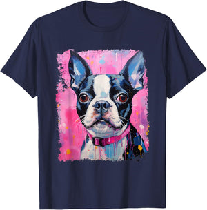 Dog Pink Boston Terrier T-Shirt - T-Shirt | Navy