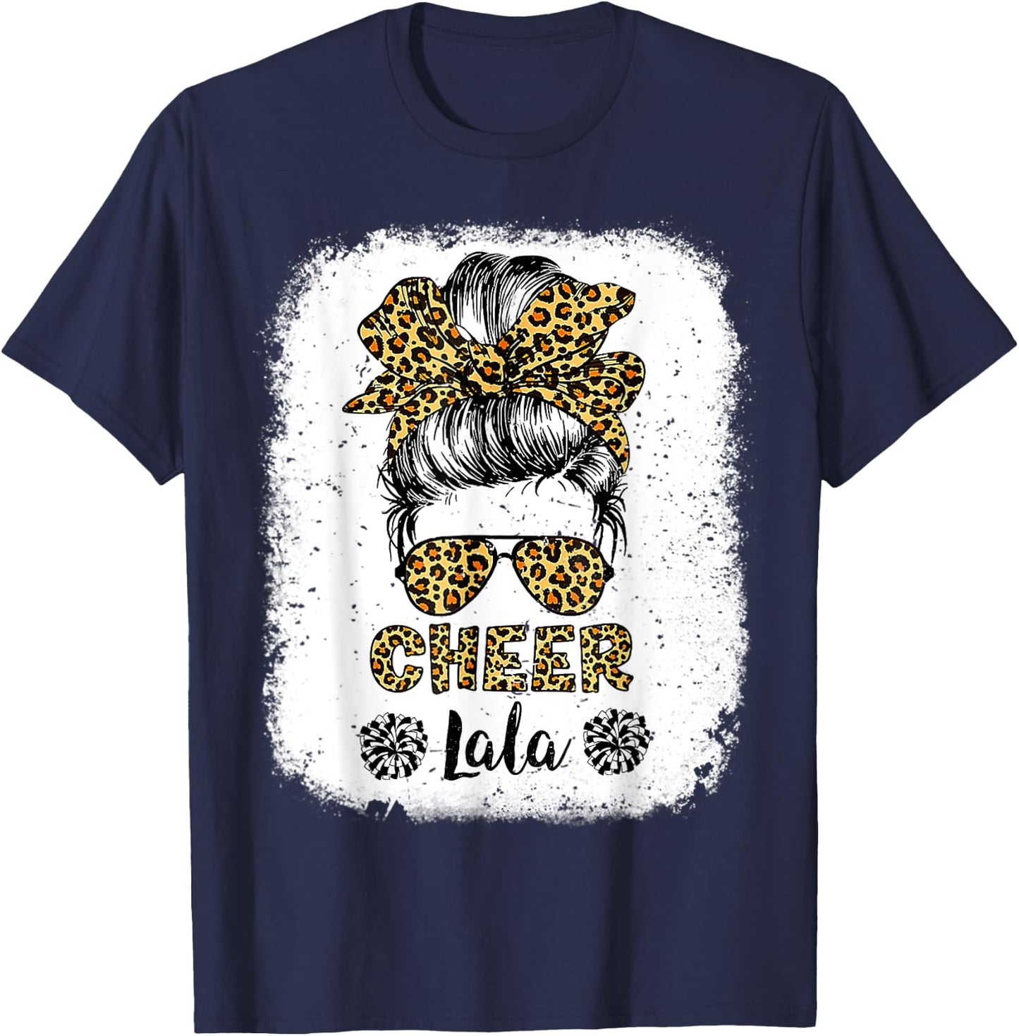 Cheer Lala Leopard Messy Bun Cheerleader Bleached T-Shirt - T-Shirt | Navy