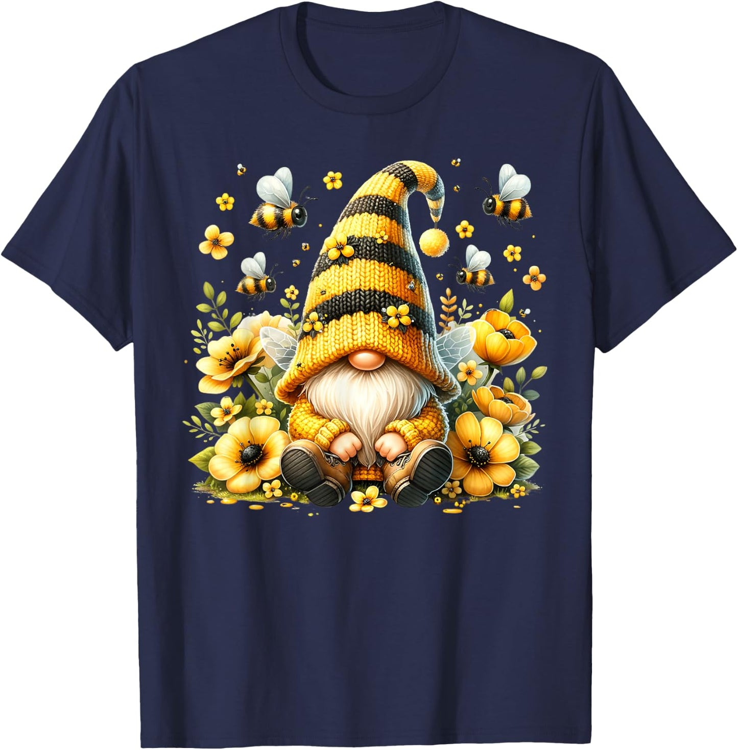 Cute Gnome Floral Bee Summer Beekeeper Botanical Gardening T-Shirt - T-Shirt | Navy