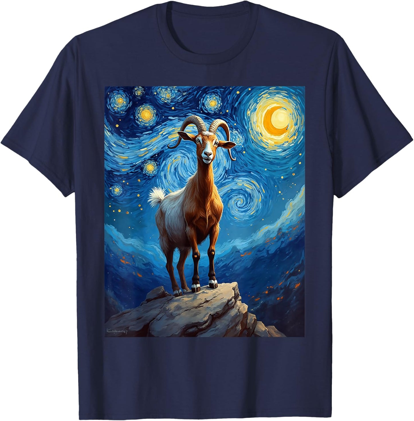 Van Gogh's Starry Night Goat Billy Nanny Animal Lovers T-Shirt - T-Shirt | Navy