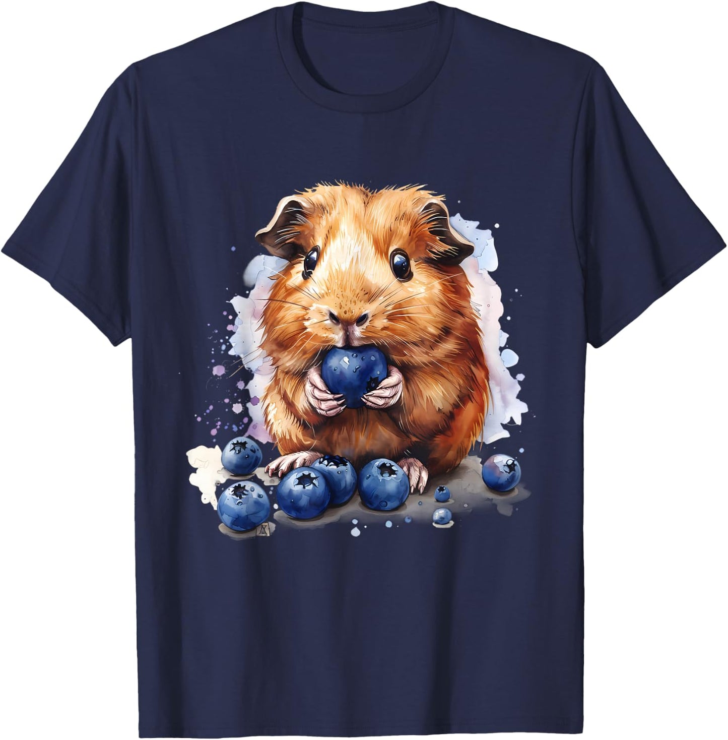 Blueberry Guinea Pig Watercolor Blueberry Fruit Drawing T-Shirt - T-Shirt | Navy
