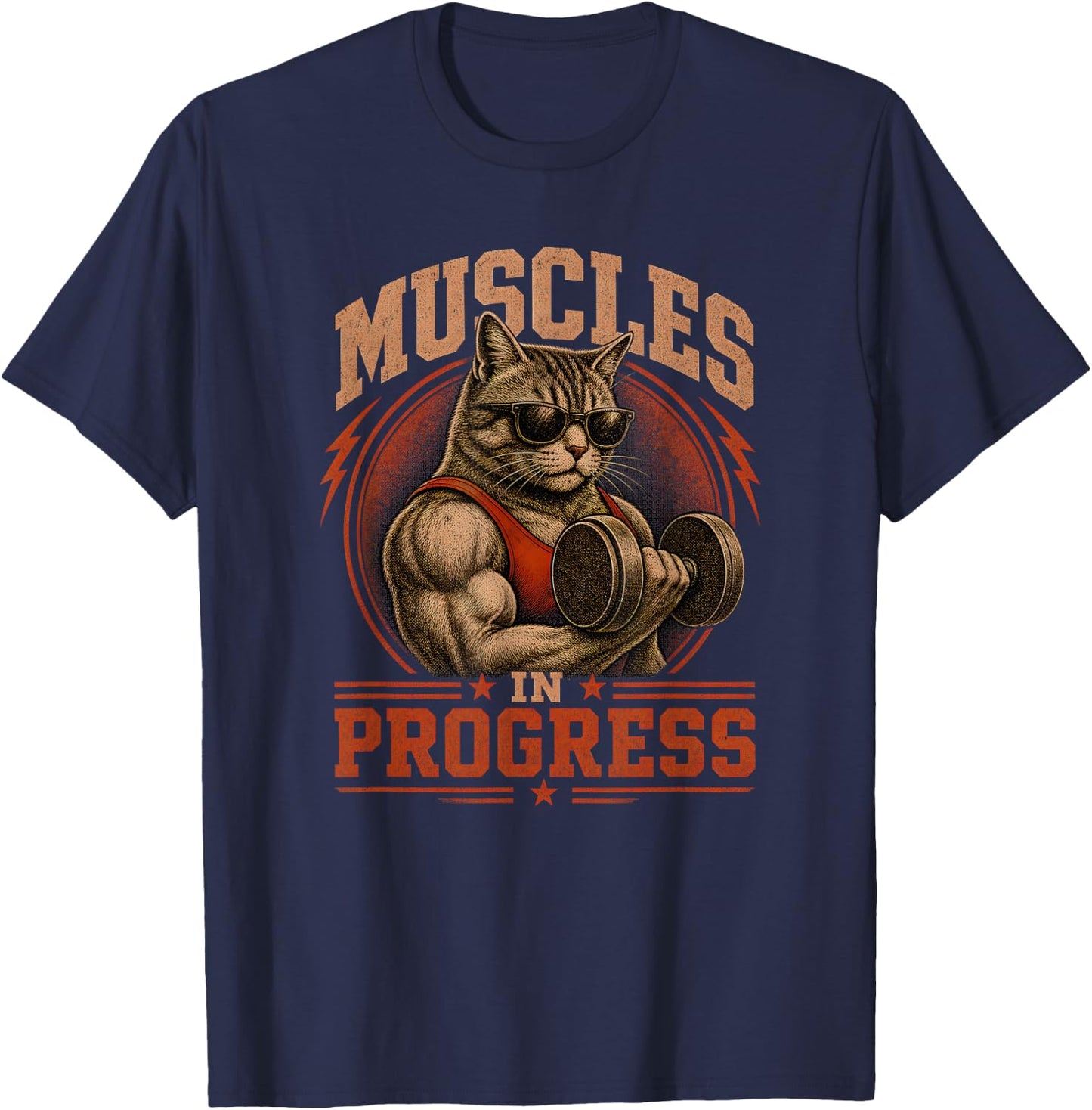 Cat Muscles in Progress Retro Vintage Workout Cat Gym T-Shirt - T-Shirt | Navy