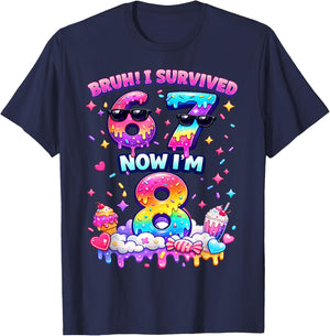 Bruh I Survived 6-7 Now I'm 8 Birthday Girls 67 Rainbow T-Shirt - T-Shirt | Navy