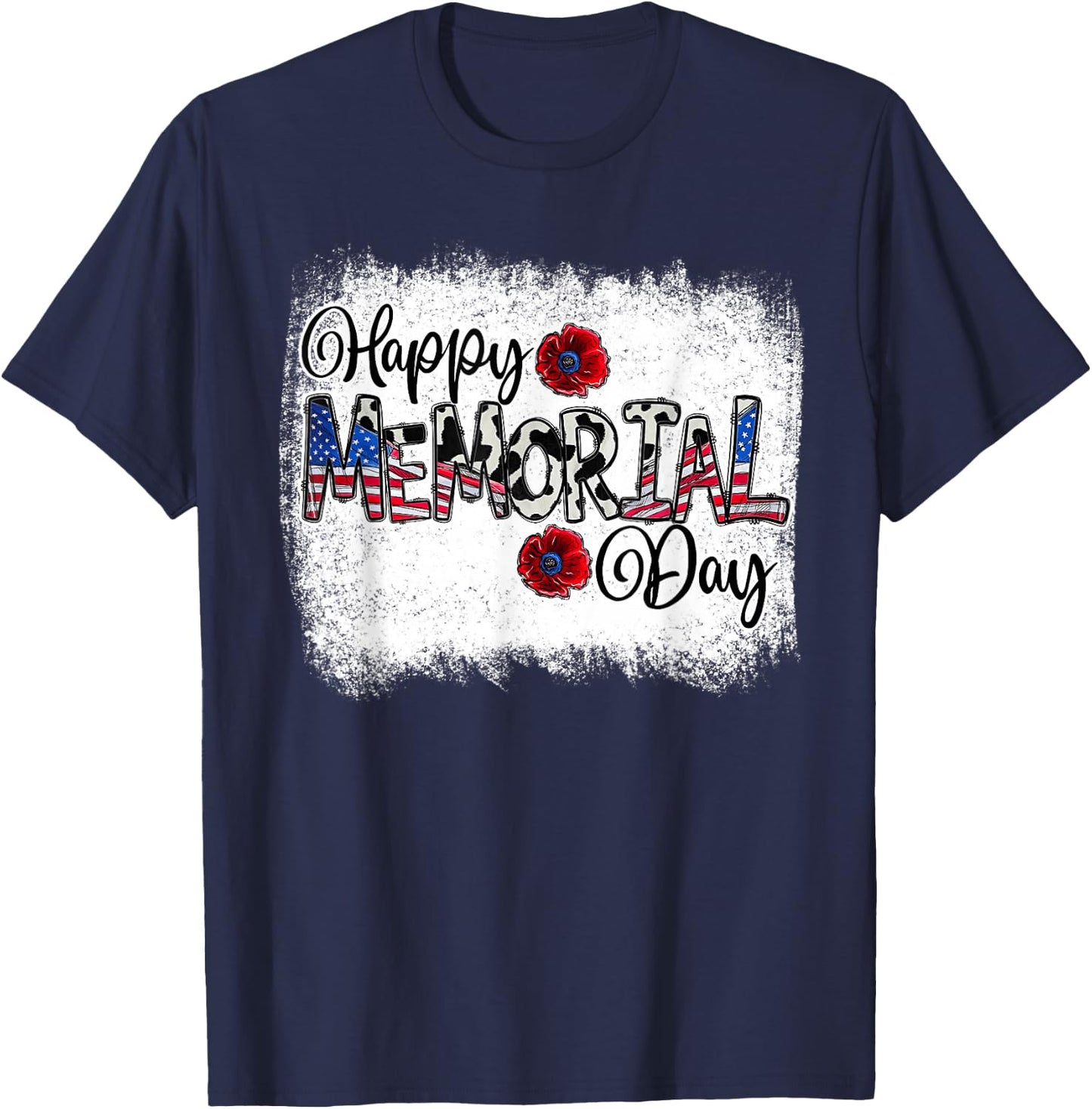 Bleached Happy Memorial Day Flower USA Patriotic T-Shirt - T-Shirt | Navy