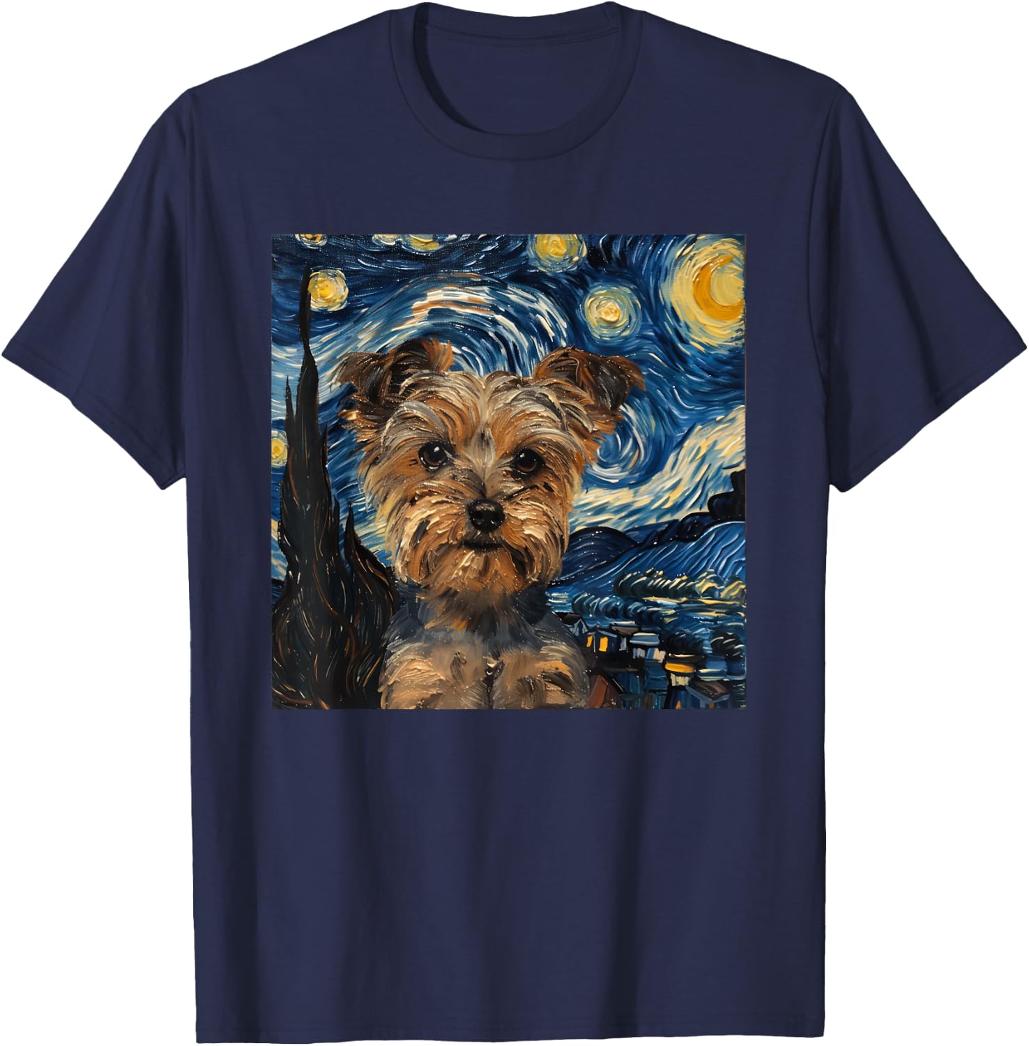 Yorkshire Terrier Dog Van Gogh Style Starry Night T-Shirt - T-Shirt | Navy
