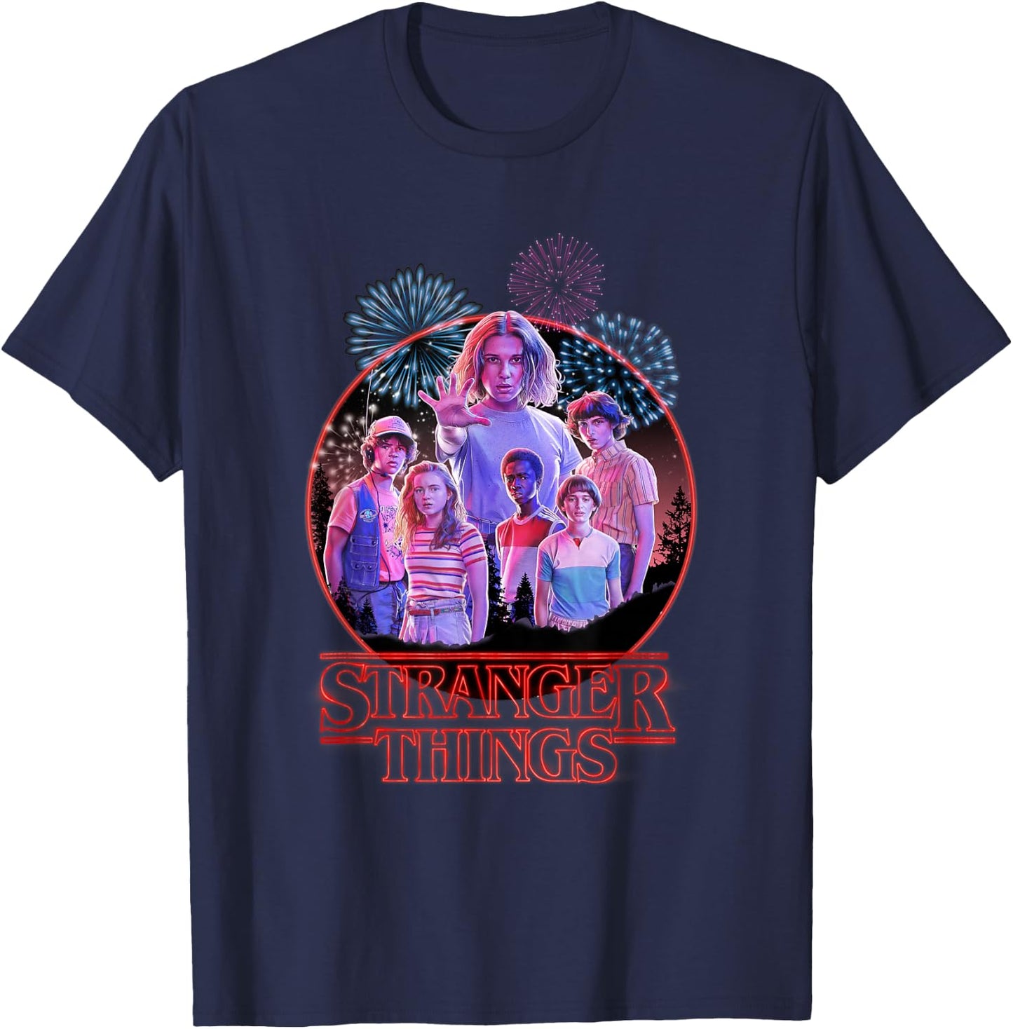 Stranger Things Retro Fireworks The Party Red Logo Poster T-Shirt - T-Shirt | Navy