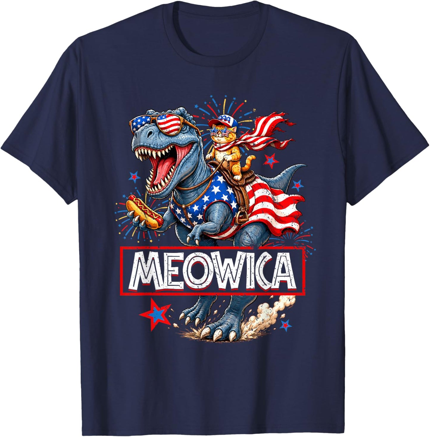 Meowica Cat Dinosaur TRex 4th of July Patriotic Toddler Boys T-Shirt - T-Shirt | Navy