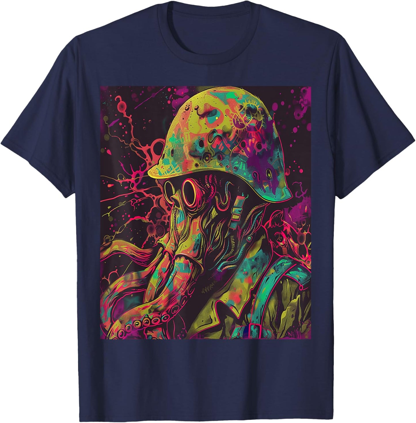 Cthulhu Psychedelic Soldier Wearing Helmet Colorful Art T-Shirt - T-Shirt | Navy