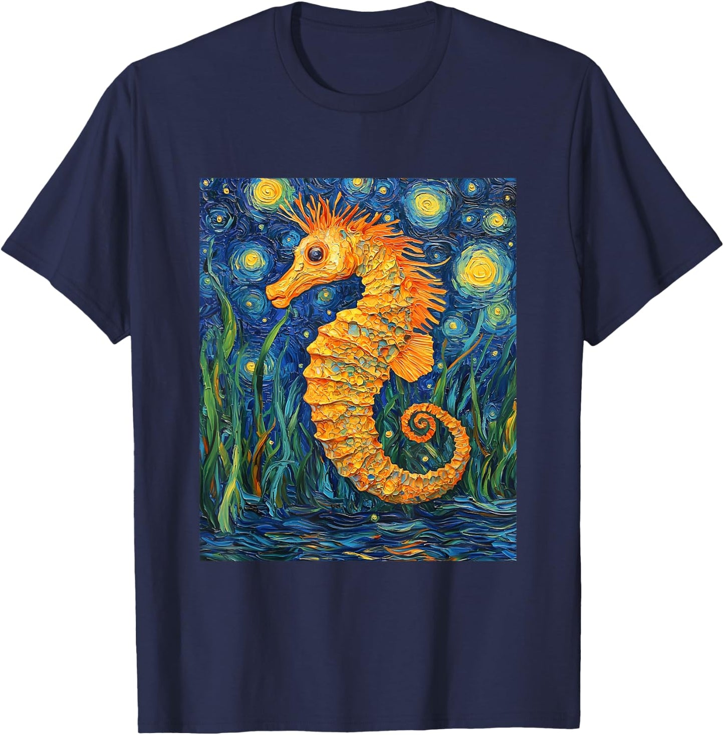 Cute Seahorse - Van Gogh Style - Starry Night Graphic T-Shirt - T-Shirt | Navy