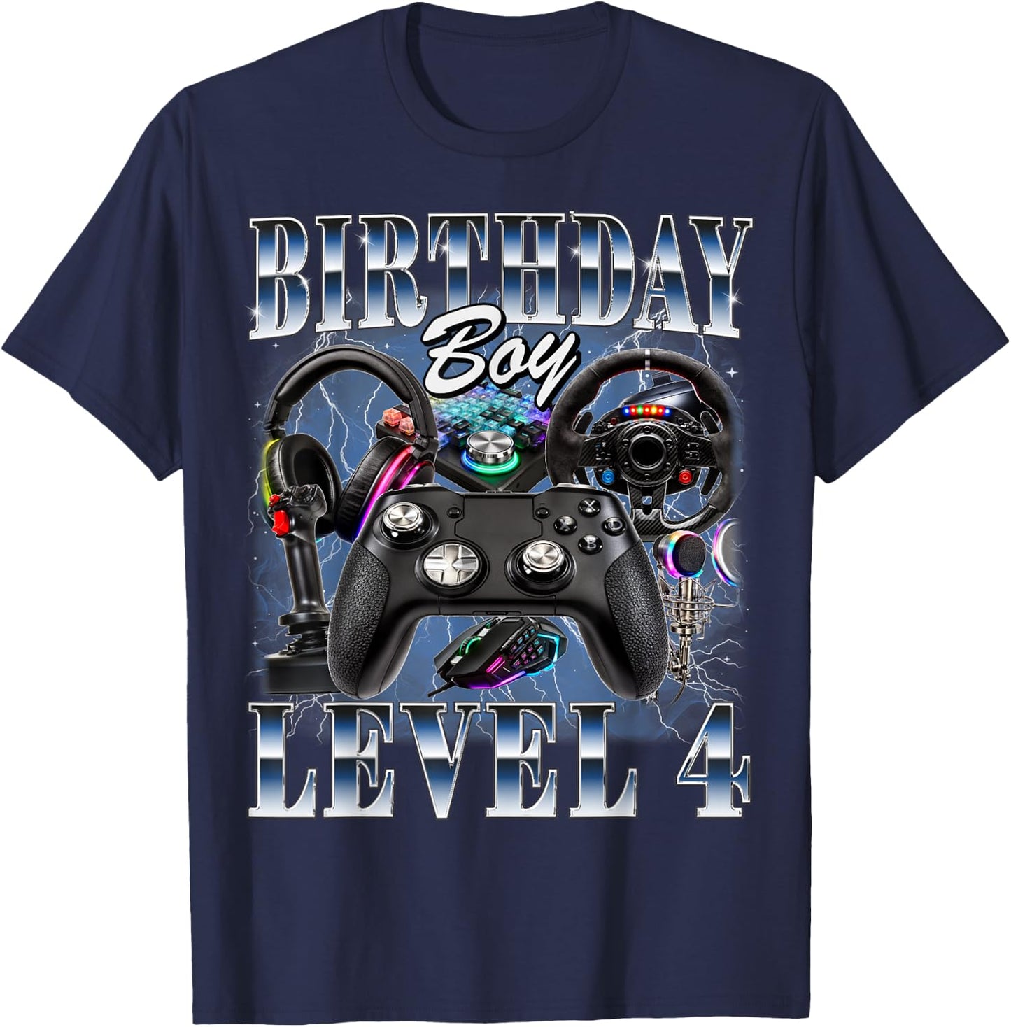 4th Birthday Boy Level 4 Video Gamer Lover 4 Year Old T-Shirt - T-Shirt | Navy