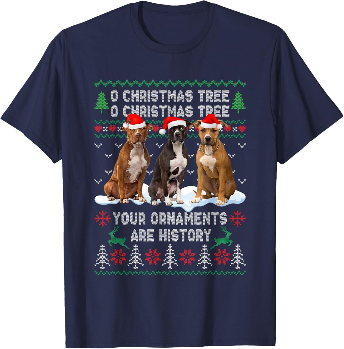 Cute Pitbull Dog Oh Christmas Tree Ugly Xmas T-Shirt - T-Shirt | Navy