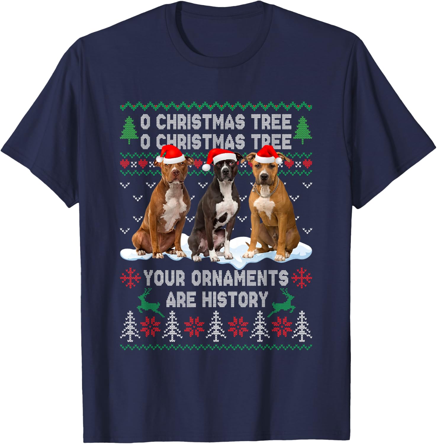 Cute Pitbull Dog Oh Christmas Tree Ugly Xmas T-Shirt - T-Shirt | Navy