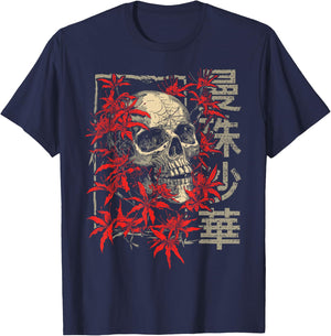 Red Spider Lily Flower Skull Skeleton Japanese Anime Otaku T-Shirt - T-Shirt | Navy