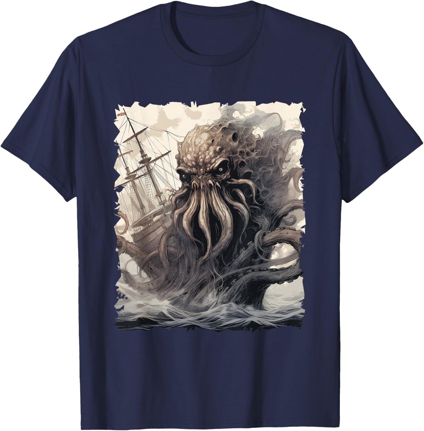 Kraken Attacking Pirate Ship Sea Monser Giant Octopus T-Shirt - T-Shirt | Navy