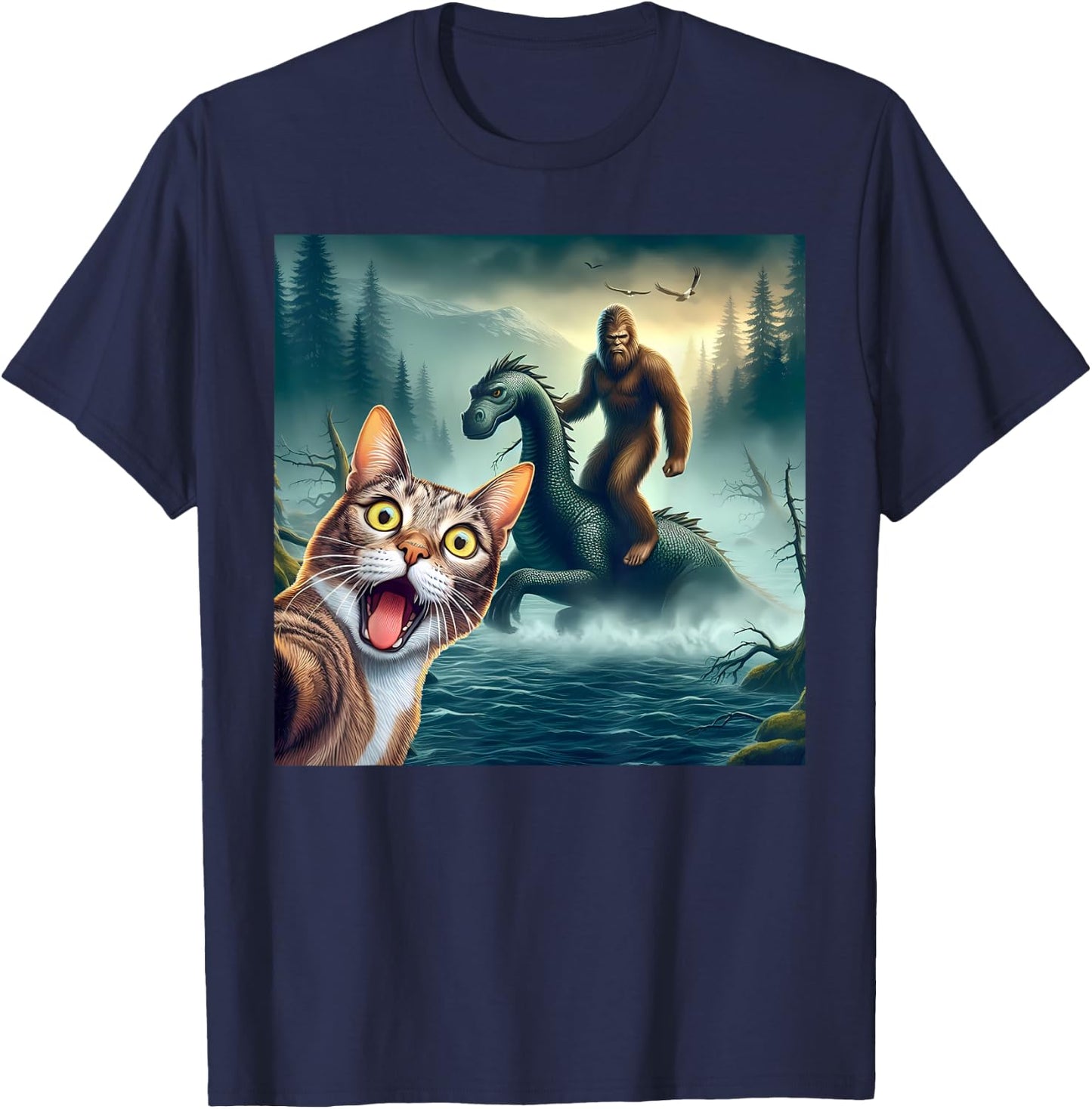Cat Selfie bigfoot riding loch Ness monster surprised cat Women Kids T-Shirt - T-Shirt | Navy