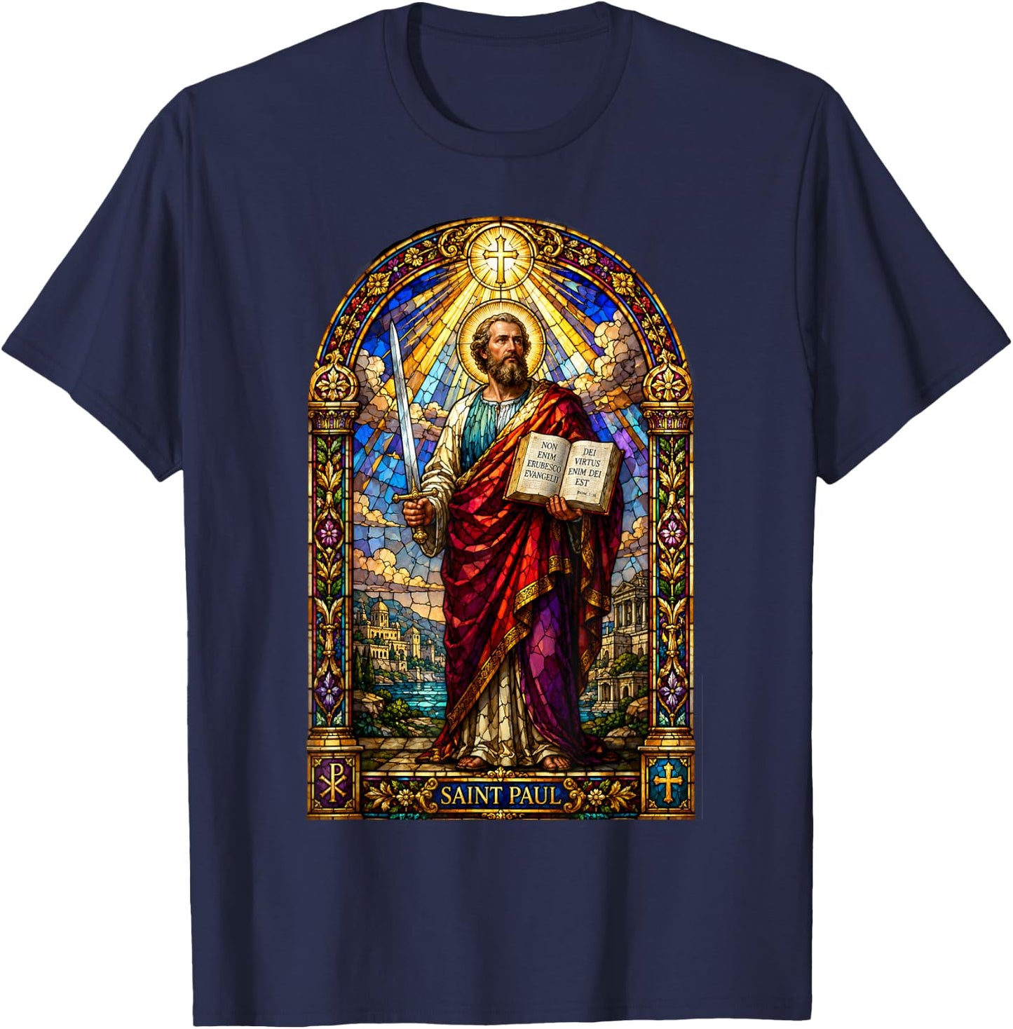 Saint Paul Apostle Sword Gothic Cathedral Mosaic Art Icon T-Shirt - T-Shirt | Navy