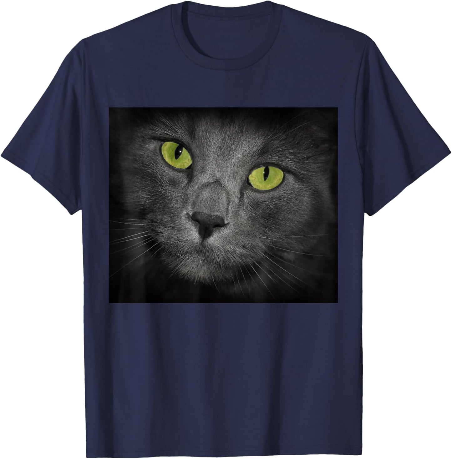 Cat with Green Eyes Gray Fur T-Shirt - T-Shirt | Navy