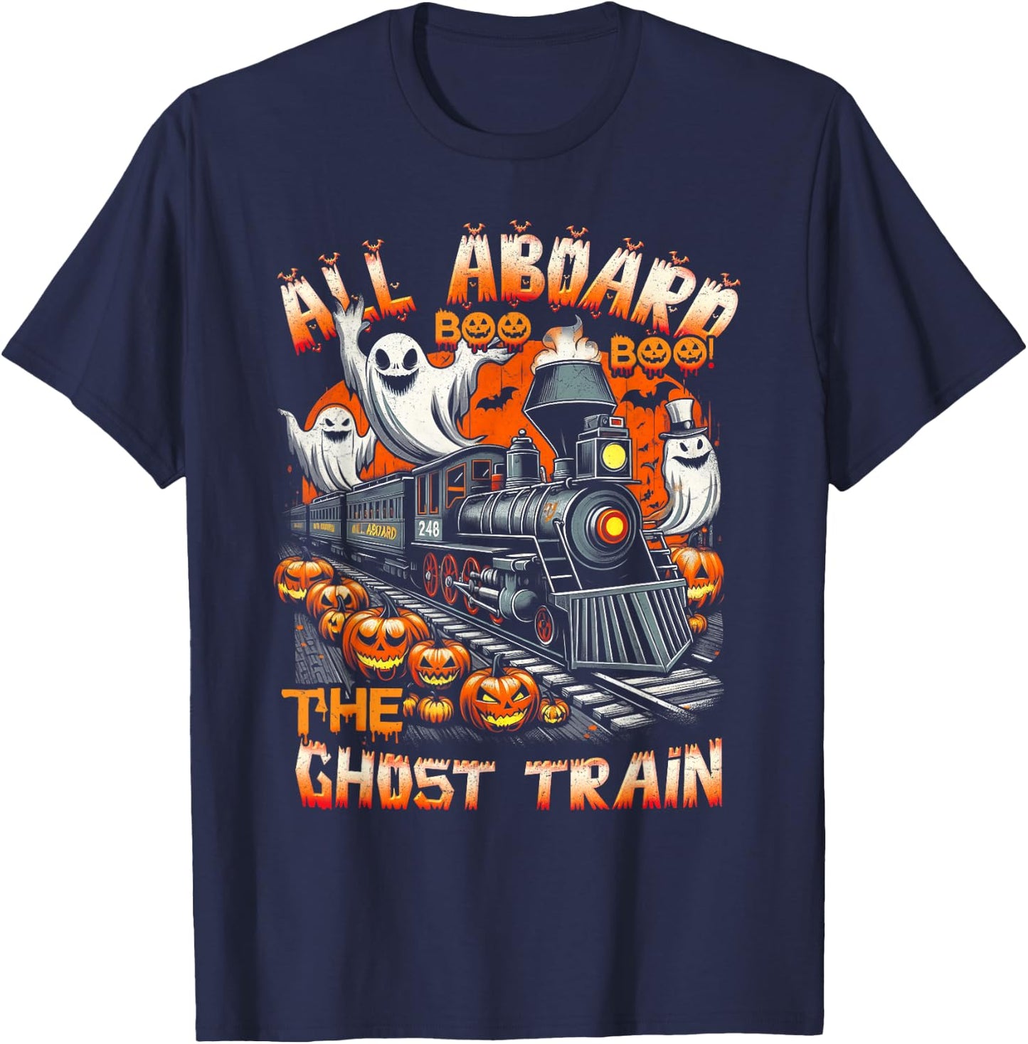 Halloween Ghost Train ChooChoo Locomotive Aboard Railroad T-Shirt - T-Shirt | Navy