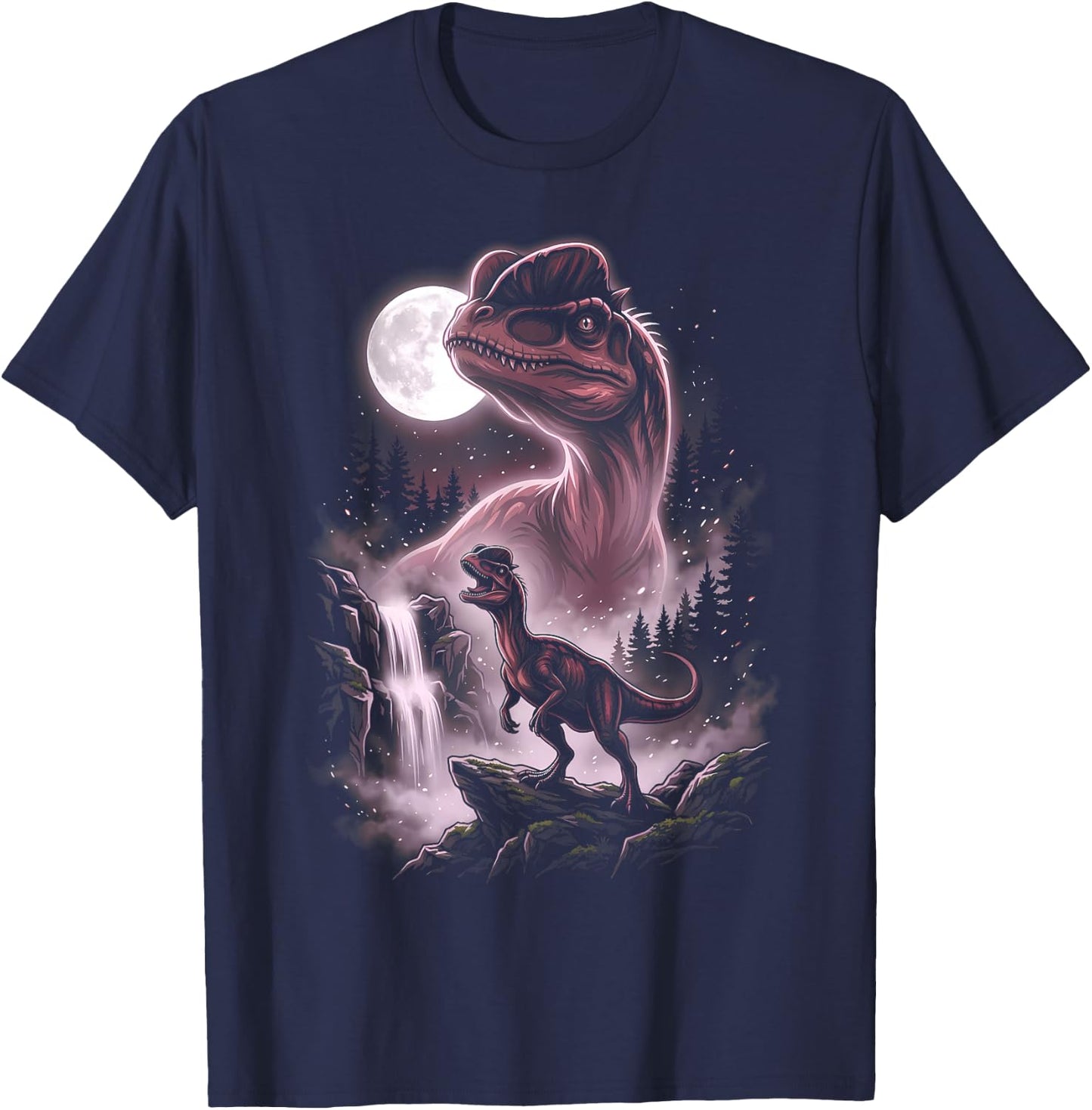 Dilophosaurus Silhouette Mystical Moon Dinosaur T-Shirt - T-Shirt | Navy