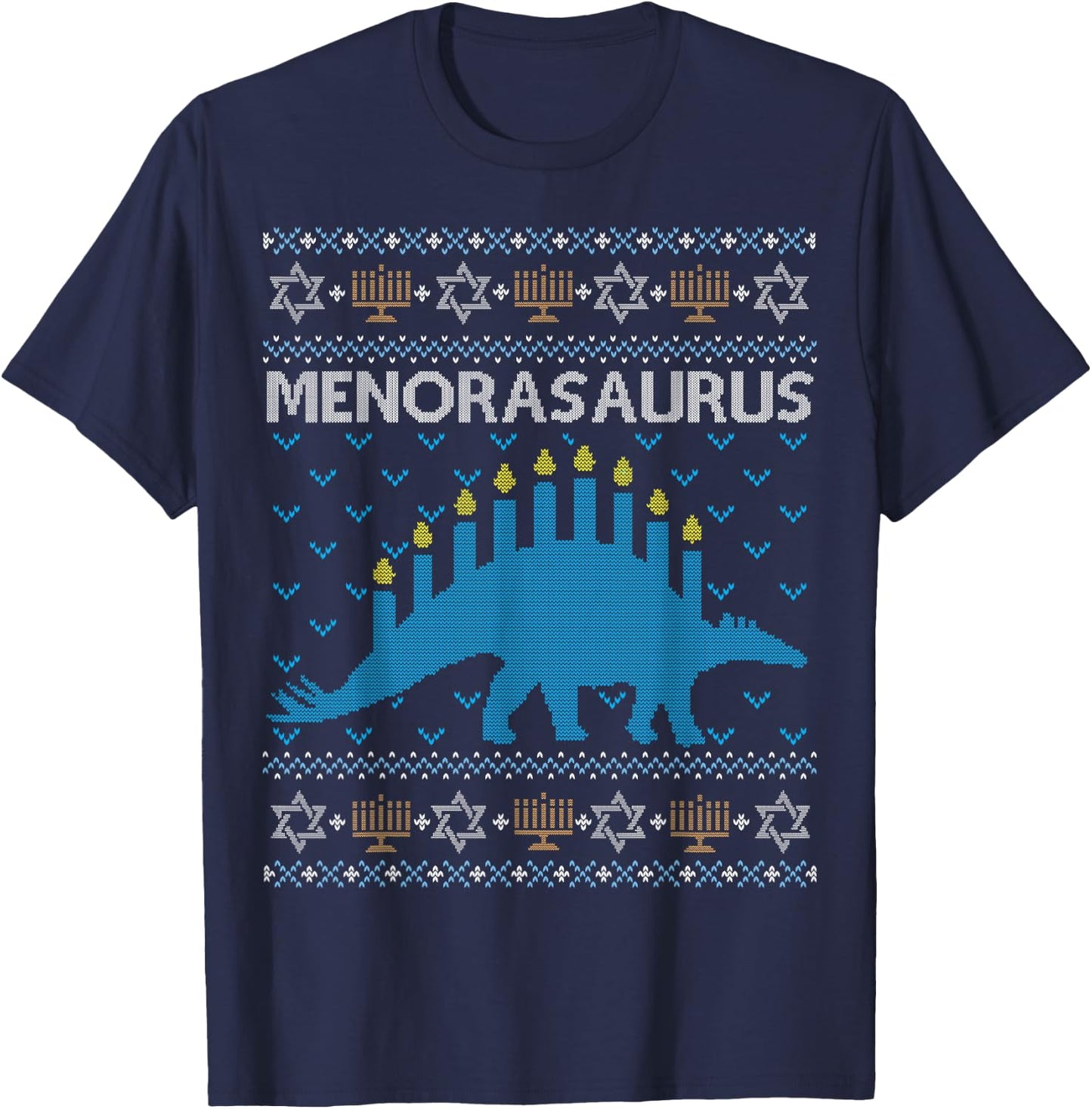 Funny Ugly Hanukkah Sweater Shirt Dinosaur Menorasaurus Gift T-Shirt - T-Shirt | Navy