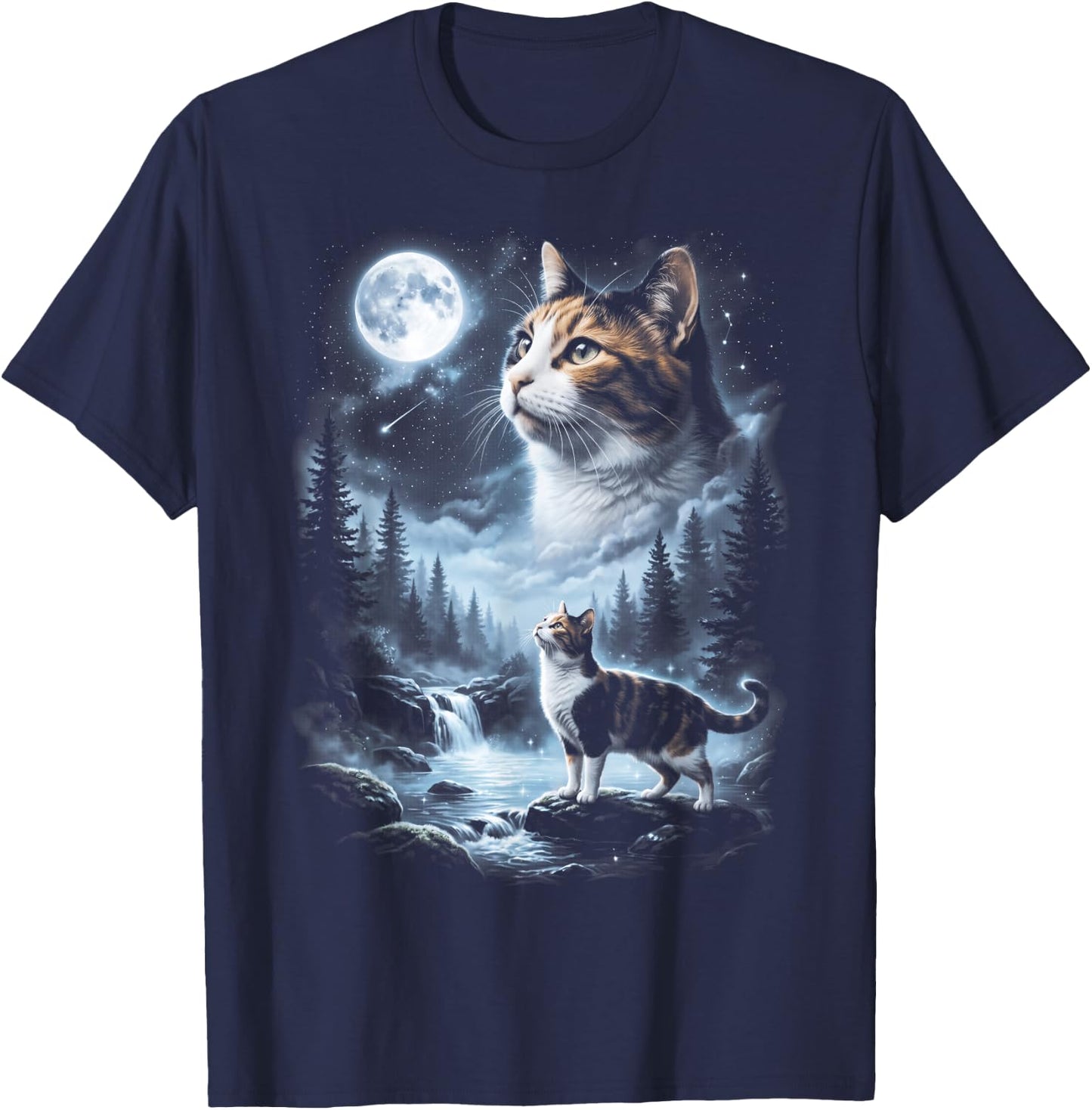 Calico Cat Howling at Moon 90's Retro T-Shirt - T-Shirt | Navy