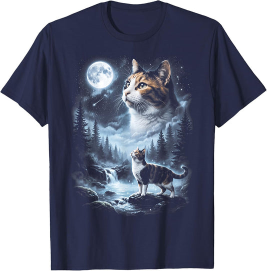 Calico Cat Howling at Moon 90's Retro T-Shirt - T-Shirt | Navy