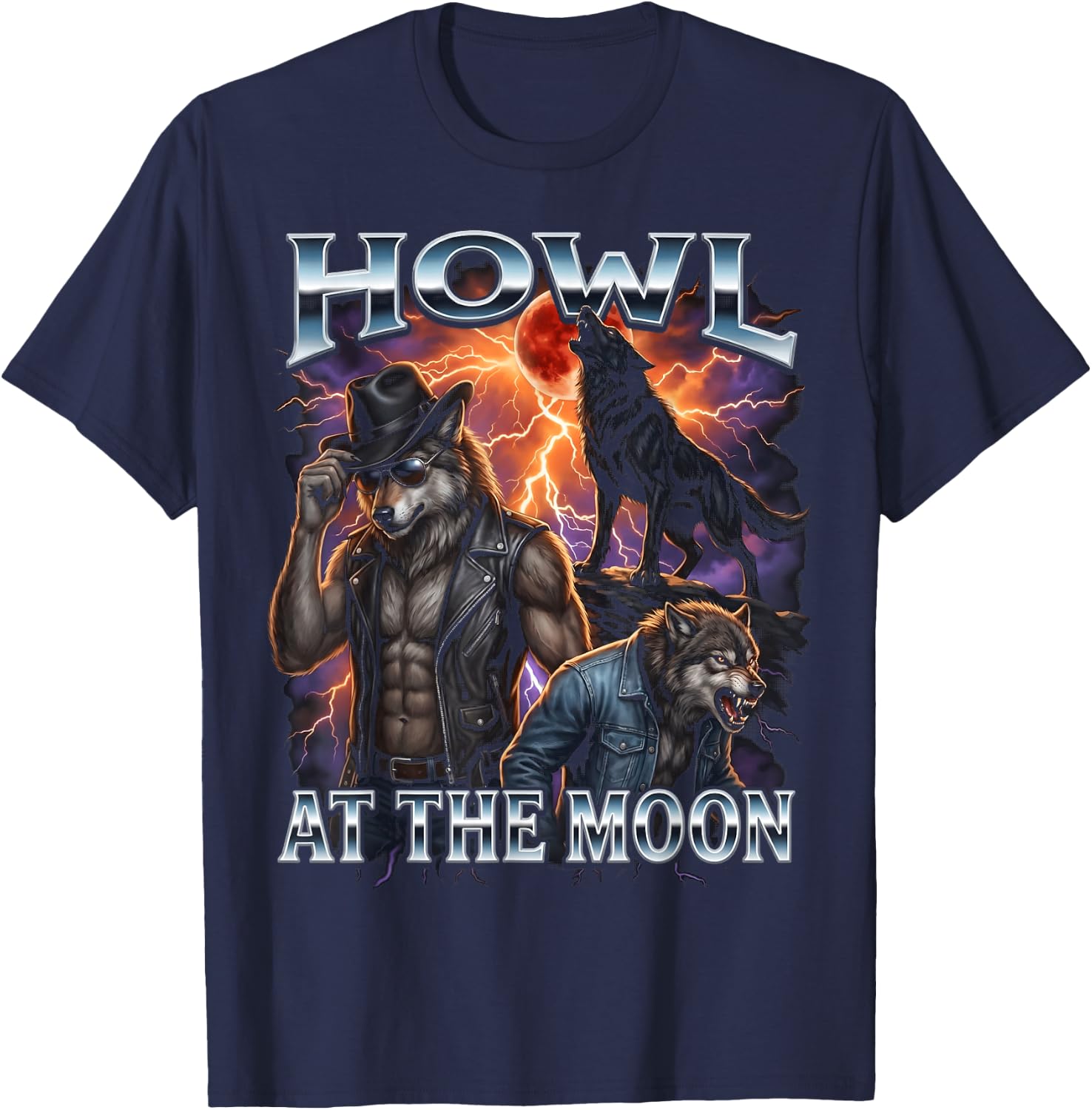 Howl At The Moon Cowboy Biker Werewolf T-Shirt - T-Shirt | Navy