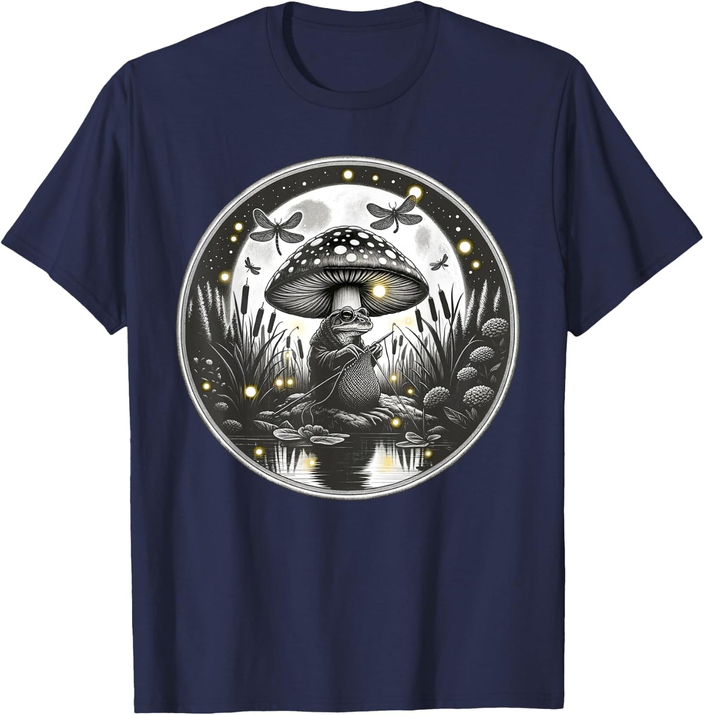 Frog Knitting Under Mushroom Cap Nature Crochet T-Shirt - T-Shirt | Navy