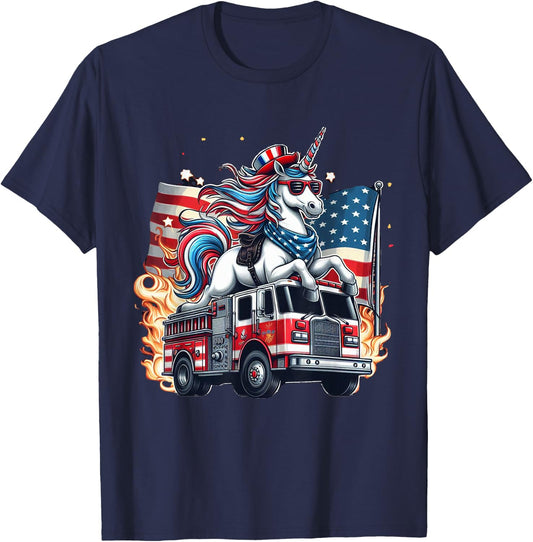 Unicorn Riding Fire Truck 4th of July Boys Girls Women Kids T-Shirt - T-Shirt | Navy