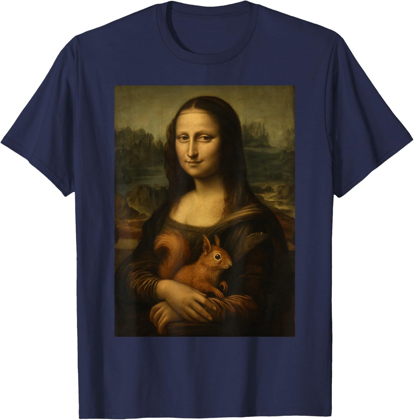 Mona Lisa and Squirrel Art Funny Fine Art Parody T-Shirt - T-Shirt | Navy