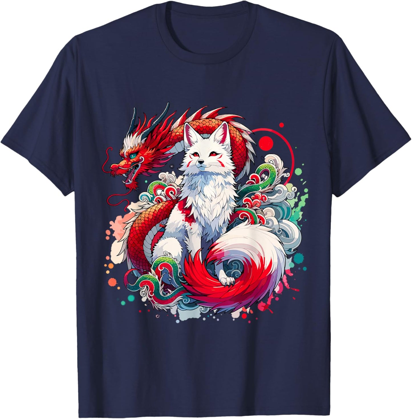 Japanese Nine-Tailed Fox Kitsune Dragon , black T-Shirt - T-Shirt | Navy