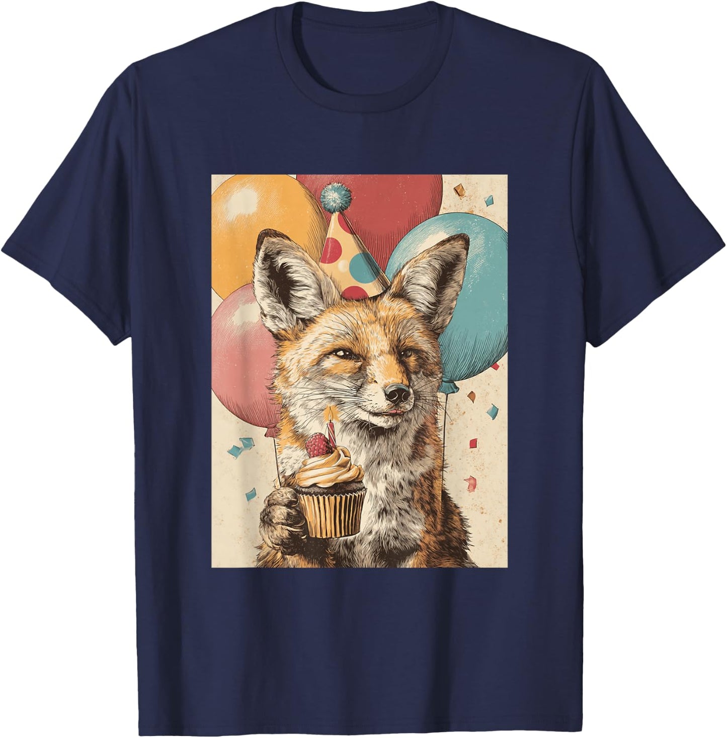 Coyote Retro Art Print Birthday Party Balloons & Cupcake T-Shirt - T-Shirt | Navy