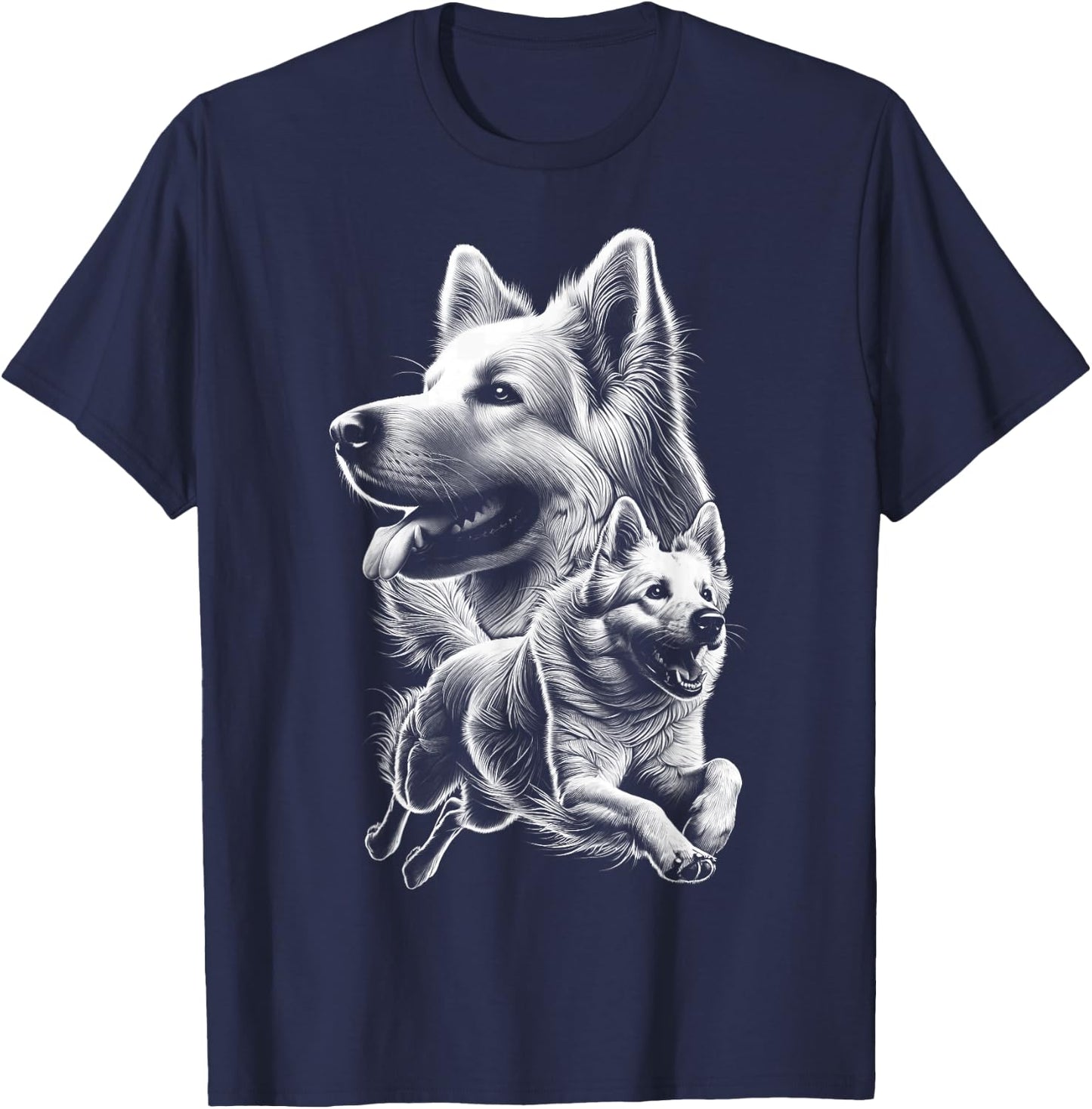 Cheerful White Shepherd Dog Fine Drawn Picture , black T-Shirt - T-Shirt | Navy