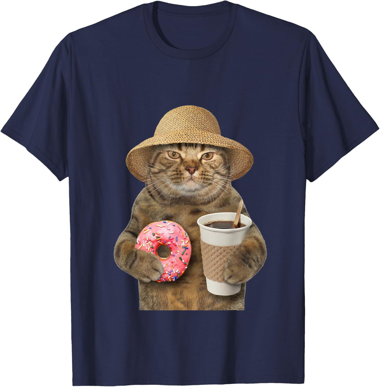 Funny brown Cat with coffee and donut T-Shirt - T-Shirt | Navy