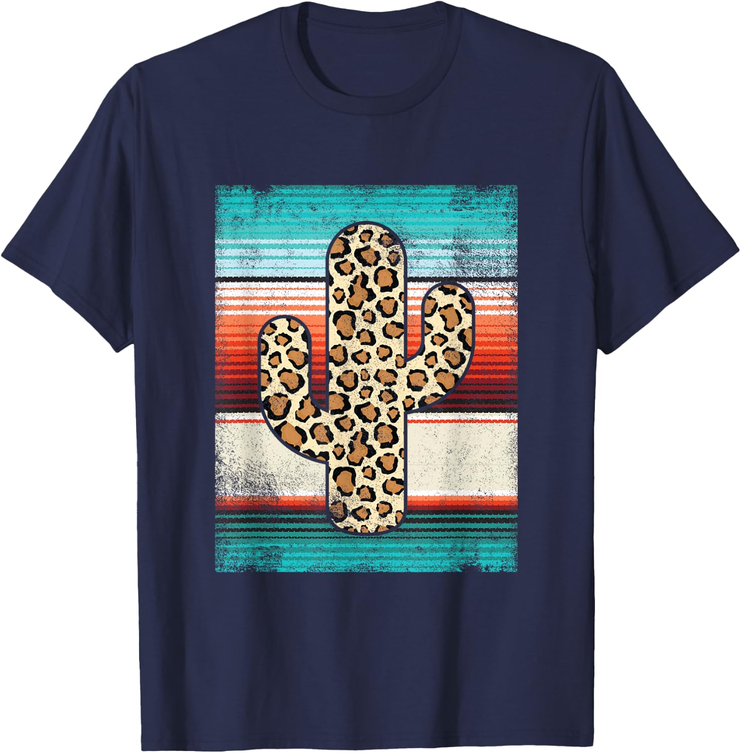 Funny Western Cactus Leopard Cheetah Print Turquoise Serape T-Shirt - T-Shirt | Navy