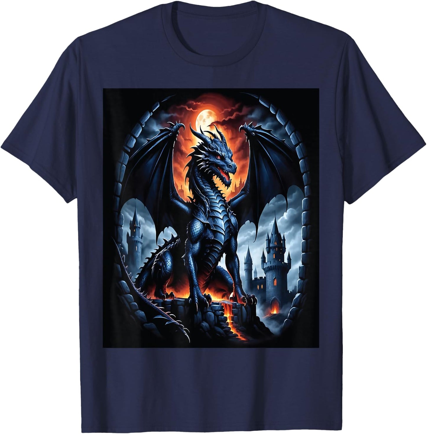 Drache Vollmond Schloss Feuer Fantasy Kunst T-Shirt - T-Shirt | Navy